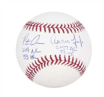 Aaron Judge & Pete Alonso Dual Signed OML Manfred Baseball With Rookie Home Run Stat Inscriptions (MLB Authenticated & Fanatics)